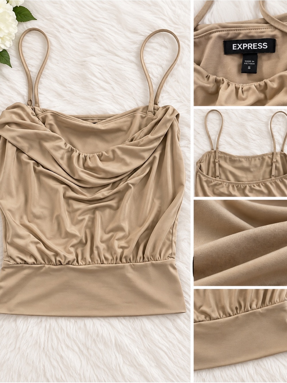 Express Tan Satin Cowl-Neck Spaghetti Strap Camisole